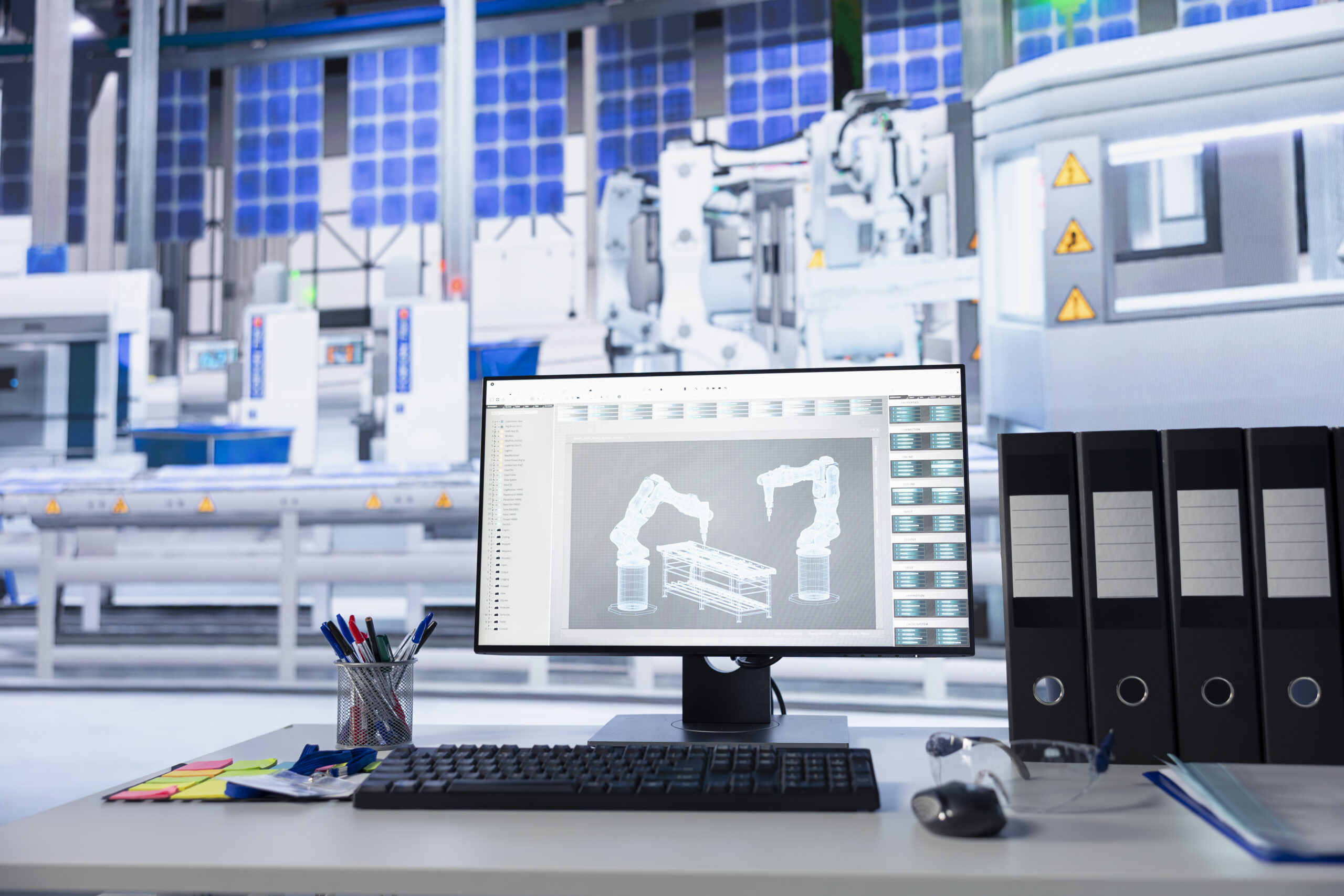 Computer desk in modern solar cells manufacturing plant